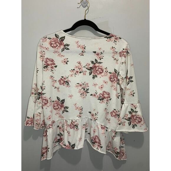 Floral Print White & Pink Peplum Top With Bell Sleeves - Picture 2 of 3